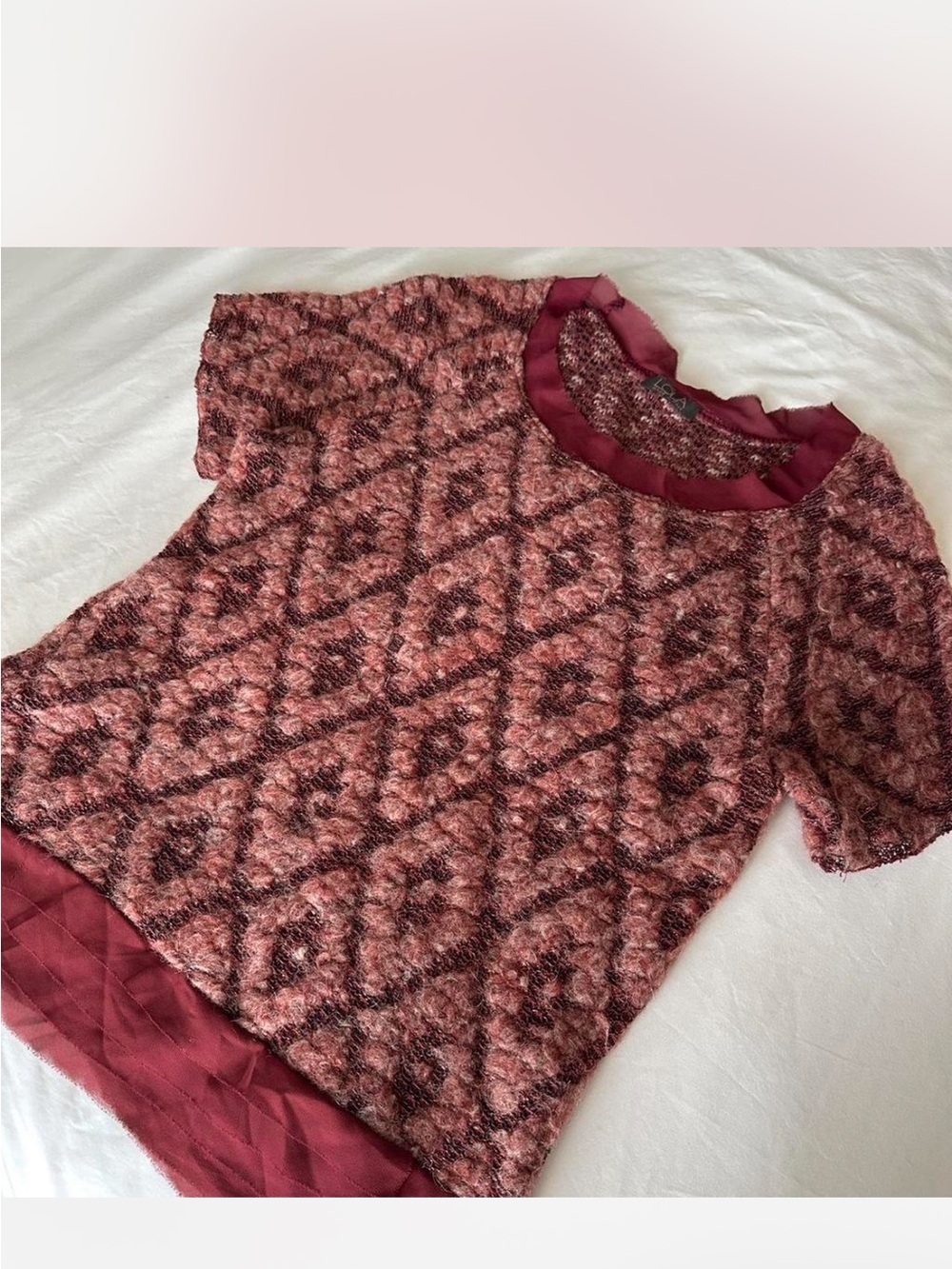 lola Burgundy-Pink Textured Short Sleeve Tee with Trim